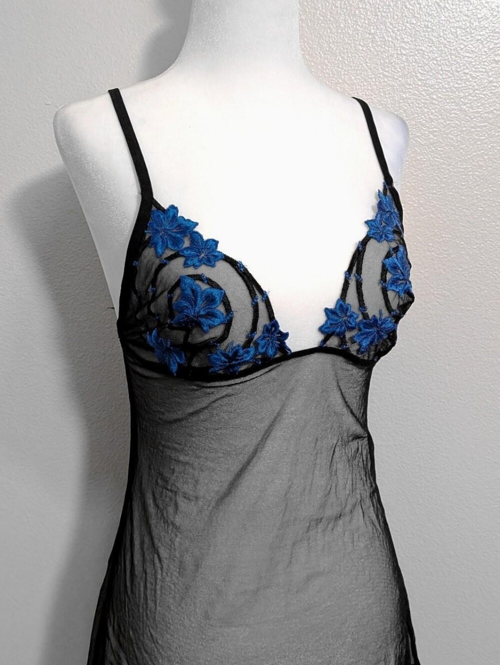 Vintage Marvel by La Perla Black Blue Floral Sheer Lingerie Slip Dress | Size 10 - Picture 2 of 6